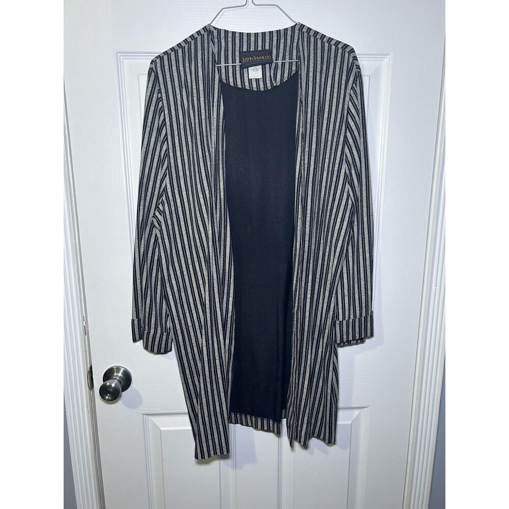 Just In Thyme Ltd Vintage Jacket Women's 16 Black Striped Open Front Knit USA